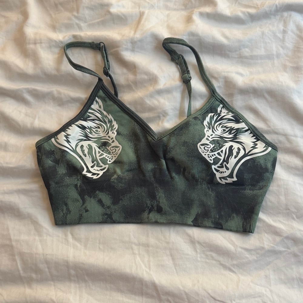 Darc Sport Camo Green Sports Bra with Wolf Design